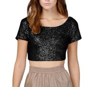 Zuoyue Women Elegant Sequin Tops Party Glitter Ruched Wrap Tops Sparkly Blouse Ladies Short Sleeve Stretchy Crop Top Sparkly Tank Top Loose Sleeveless Blouses Shirt Club Vest Black