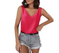 Zuoyue Womens Silk Satin Tank Tops V Neck Casual Sleeveless Camisole Blouses Summer Basic Tank Shirt Sleeveless Summer Shirts Blouse Loose Casual Vest Tops Going Out Top (Hot Pink-A, L)