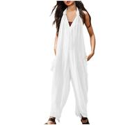 Zuoyue Womens Summer Jumpsuits Dungarees Vintage Floral Printed Loose Casual Baggy Sleeveless Overall Comfortable Solid Color Romper Adjustable Shoulder Strap Jumpsuit Summer V-Neck Romper (White, M)