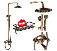 ZUOZUIYQ Antique Brass Shower Faucets Set 8 Inch Shower Head Commodity Shelf Dual Handle Mixer Tap Bath Shower Wall Mounted-Shower Set - C (Shower Set C)