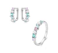 ZUOZUIYQ Ladies S925 Pure Silver Electroplated Platinum Inlaid Colorful Zircon Ring Earrings Two-Piece Set