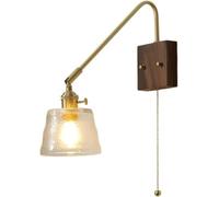 ZUOZUIYQ Vintage Gold Rustic Wall Sconce, Water Glass Wall Lamp with Pull Chain, Farmhouse Wood Wall Light, Swinging Arm Reading Light for Bedroom, Bedside, Headboard