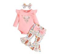 Zupora 3Pcs Baby Girl Clothes Newborn Clothing Set 0-18 Months Ruffled Romper Infant Print Flared Pant+Headband Outfits