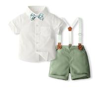 Zupora Baby Boy Clothes Suits Gentleman Outfit Formal Suit Toddler Summer Short Sleeve Shirt +Bowtie Suspender Shorts Clothing Set(Green,2-3T)