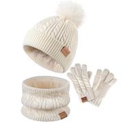 ZUPPAD Hat Scarf and Gloves Set Kids, Winter Bobble Hat Beanie Knit Neck Warmer Gaiter Snood Scarf Gloves Fleece Lined Set for Girls Toddler Children（White）