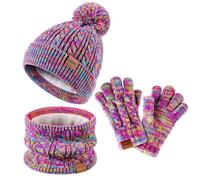 ZUPPAD Hat Scarf and Gloves Set Kids, Winter Bobble Hat Beanie Knit Neck Warmer Gaiter Snood Scarf Gloves Fleece Lined Set for Girls Toddler Children（Rainbow Mix）