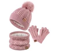 ZUPPAD Hat Scarf and Gloves Set Kids, Winter Bobble Hat Beanie Knit Neck Warmer Gaiter Snood Scarf Gloves Fleece Lined Set for Girls Toddler Children（Pink）