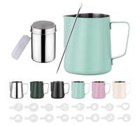 Zuquik 350 ml 304 Stainless Steel Milk Jug for Coffee Machine, Light Green | Light Green 350 ml jug with measurement marks, cocoa shaker, latte art pen and 16 stencils