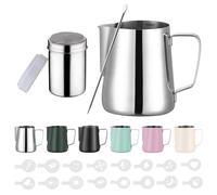 Zuquik 350 ml Milk Jug Stainless Steel Barista Milk Jug with Measurement Mark 12 oz Milk Foam Jug with Cocoa Shaker, 16 Latte Art Stencils & Pen for Cappuccino and Espresso, Stainless Steel