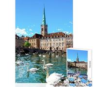 Zurich Cityscape with Swans on Limmat River for Adults 1000 Piece Jigsaw Puzzle Art Work Gifts Improve Memory Toy Wall Decor for And from 14 Years And over (38x52cm)