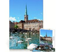 Zurich Cityscape with Swans on Limmat River Jigsaw Puzzle for Adults 1000 Pieces Memory Training Quiet Recreation Flawless Cut Holiday Treat (50x75cm)