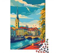 Zurich Serenity Adult Paper Puzzle, Old Europe Travel Artwork, Decorative Artwork, Thick Cardboard Pieces, Travel Gift for Adults, Adult Puzzle, 52x38cm/1000pcs