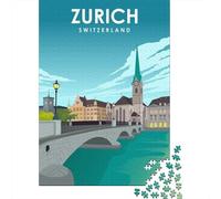 Zurich Switzerland Art 1000 Piece Jigsaw Puzzle, Historic Square Architecture, Screen-Free Fun, Matte Printed Jigsaw, for Travel Lovers, 38x26cm/1000pcs