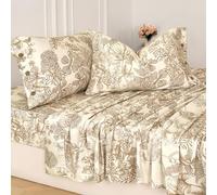 Zusbest Beige Queen Sheet Set 400TC 100% Cotton Flannel-Like Warm Luxury Brown Toile Floral Bed Sheets 4Pc Deep Pocket 17.5‘', Botton Pillowcases Double Brushed Extra Soft Breathable, French Country