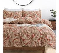 Zusbest Burgundy Duvet Cover Set Queen Size 100% Percale Cotton Red Beige Paisley Comforter Cover Toile Printed Bedding Luxury Crisp Soft Reversible Floral Bedding 3Pcs, Queen