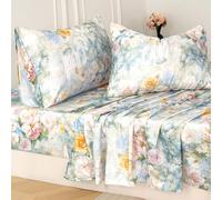 Zusbest Queen Sheet Set Luxury Floral Bed Sheets 100% Cotton, Satin Weave Soft Breathable for Hot Sleepers Romantic Peony Flowery Printed Cottagecore Bedding Deep Pocket Fitted Sheet 17.5‘', 4Pcs