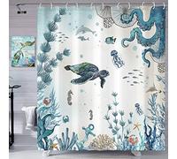 Zussun 84 Inch Extra Long Sea Turtle Octopus Shower Curtain Blue Teal Waterproof Fabric Bathroom Shower Curtains Fish Ocean Animal Seashell Jellyfish Bath Curtain with Hooks (72'' × 84'', Teal)