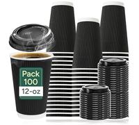 Zuvo - 100 x 12oz Disposable Coffee Cups with Lids | Triple Wall Ripple Black Paper | Durable, Leakproof Takeaway | Insulated for Hot Coffee, Tea & Cold Drinks