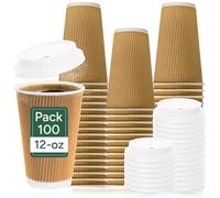 Zuvo - 100 x 12oz Disposable Coffee Cups with Lids | Triple Wall Ripple Kraft Paper | Brown Insulated To-Go | Durable, Leakproof Takeaway for Hot & Cold Drinks