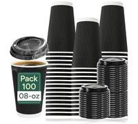Zuvo - 100 x 8oz Disposable Coffee Cups with Lids | Triple Wall Ripple Black Paper Cups | Strong, Leakproof Takeaway Cups | Insulated Hot Drink Cups for Coffee, Tea & Cold Beverages
