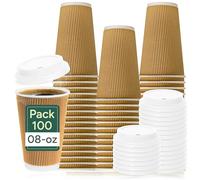 Zuvo - 100 x 8oz Disposable Coffee Cups with Lids | Triple Wall Ripple Kraft Paper Cups | Brown Insulated Hot Drink Cups | Strong, Leakproof Takeaway Cups for Coffee, Tea & Cold Beverages