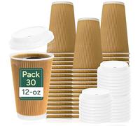 Zuvo 12oz Disposable Coffee Cups with Lids (30 Pack) - Triple Wall Insulated Ripple Paper Cups for Hot Drinks | Takeaway Kraft Cups for Tea, Coffee & Hot Chocolate | Secure Fit Lids Included