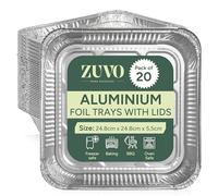Zuvo 20 Pack Aluminium Foil Trays with Paper Lids (24.8x24.8x5.5 cm) - Deep Disposable Square Tin Foil Containers for Baking, Roasting, Meal Prep, Freezer & Takeaway | Heavy Duty, Oven Safe