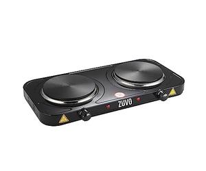 Zuvo 2000W Stainless Steel Double Hot Plate Ring Stove Hob - Portable & with Adjustable Thermostat - Cast Iron Heating Plate Black 25.8