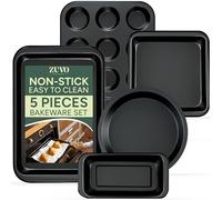 ZUVO 5 Piece Baking Set, Non-Stick Bakeware Set with Oven Baking Tray Muffin Cake Loaf pan and Cookie Sheet, Oven-Safe and Microwave Friendly Baking cookware Set, Black