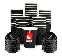 Zuvo [50 Pack Takeaway Coffee Cups with Lids | Disposable Insulated Triple Wall Ripple Kraft Paper Coffee Cups for Takeaway Coffee, Tea or hot Liquids | Pack of 50 (12 Oz.), Black