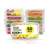Zuvo 50 X Rectangular Microwave Plastic Food Container, Reusable Food Container Clear, 750 ml, Set of 50