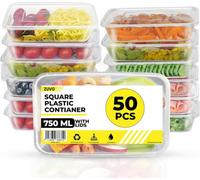 Zuvo 50 X Rectangular Microwave Plastic Food Container, Reusable Food Container Clear, 750 Ml, Set Of 50