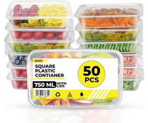 Zuvo 50 X Rectangular Microwave Plastic Food Container, Reusable Food Container Clear, 750 Ml, Set Of 50