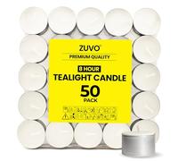 Zuvo 8-Hour Unscented Tea Light Candles (50-Pack) - Long-Lasting with Cotton Wicks, Clean Burning, 3.8 x 2.3 cm, White