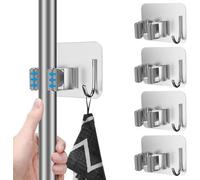 Zuvo Broom Holder Wall Mounted, 4-Pack - Stainless Steel Mop And Broom Organizer For Bathroom, Kitchen, Garage, And Garden - Heavy-Duty