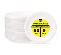 Zuvo Compostable Paper Plates 9 Inch, 50 Pack, Disposable Party Plates