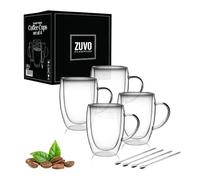 Zuvo Double Walled Coffee Cups Glass Mugs with 4 Spoons, Cappuccino Latte Tea Cups with Handle (Pack of 4), Heat Resistant Drinking Cup with GIF Ready Box