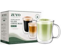 Zuvo Double Walled Glass Coffee Mugs 350ml Set of 2, Latte Cups with Handle | Clear borosilicate, insulated, cool-touch exterior, microwave and dishwasher safe, for tea, cappuccino and hot chocolate