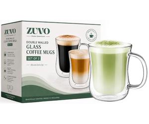 Zuvo Double Walled Glass Coffee Mugs Set of 2, Handled Insulated Latte Cups | Borosilicate build, hot and cold drinks, tea, cappuccino, hot chocolate, microwave and dishwasher safe, cool-touch