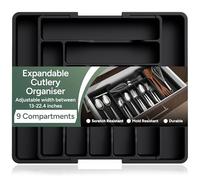 Zuvo Expandable Cutlery Drawer Organiser - Large Black Tray, 9 Compartments | Fits 33-57cm Drawers | Scratch & Mould Resistant