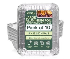 Zuvo - Large Foil Aluminium Trays with Lids 32 x 26 x 7cm (10 Pack) | Heavy-Duty Disposable Food Containers for Cooking, Baking, Roasting, BBQ, Meal Prep & Catering - Oven & Freezer Safe