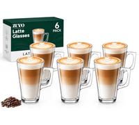 Zuvo Latte Glasses Set of 6, 240ml Coffee Glasses with Handle, Cappuccino