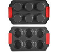 Zuvo Non Stick 6 Cup Muffin Tray with Silicone Handles Dishwasher Safe Stain Resistant Bake Pan