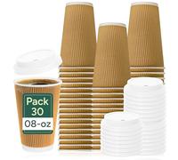 Zuvo Paper Coffee Cups with Lids 8oz, Disposable Ripple Brown, 30 Pack