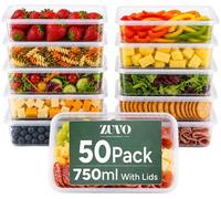 Zuvo 50 X Rectangular Microwave Plastic Food Container, Reusable Food Container Clear, 750 ml, Set of 50