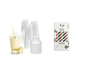 Zuvo Plastic Smoothie Cups with Dome Lids - 16 OZ (Pack of 50) - Strong Clear Plastic Cups for Milks & The Cheeky Panda Bamboo Paper Bubble Tea Straws | 100 Multicoloured Wide Drinking Straws