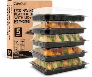Zuvo Reusable Party Food And Sandwich Platter Trays with Lids (Pack of 5), Sandwich and Buffet Serving Platters for Catering, Events, and Parties - Freezer Safe Plastic Trays with Lids (34x24x5cm)