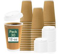 Zuvo Ripple Takeaway Paper Coffee Cups with Lids - 30 Cups, 12 OZ - Ideal for Tea, Coffee, Hot Water