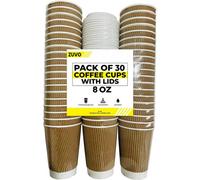 Zuvo Ripple Takeaway Paper Coffee Cups With Lids 30 Cups - 8 Oz Best For Hot Drinks, Brown