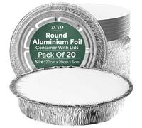 Zuvo Round Aluminium Containers Pack Of 20 Foil Flan Cases With Paper Lids - Foil Baking Trays, Silver